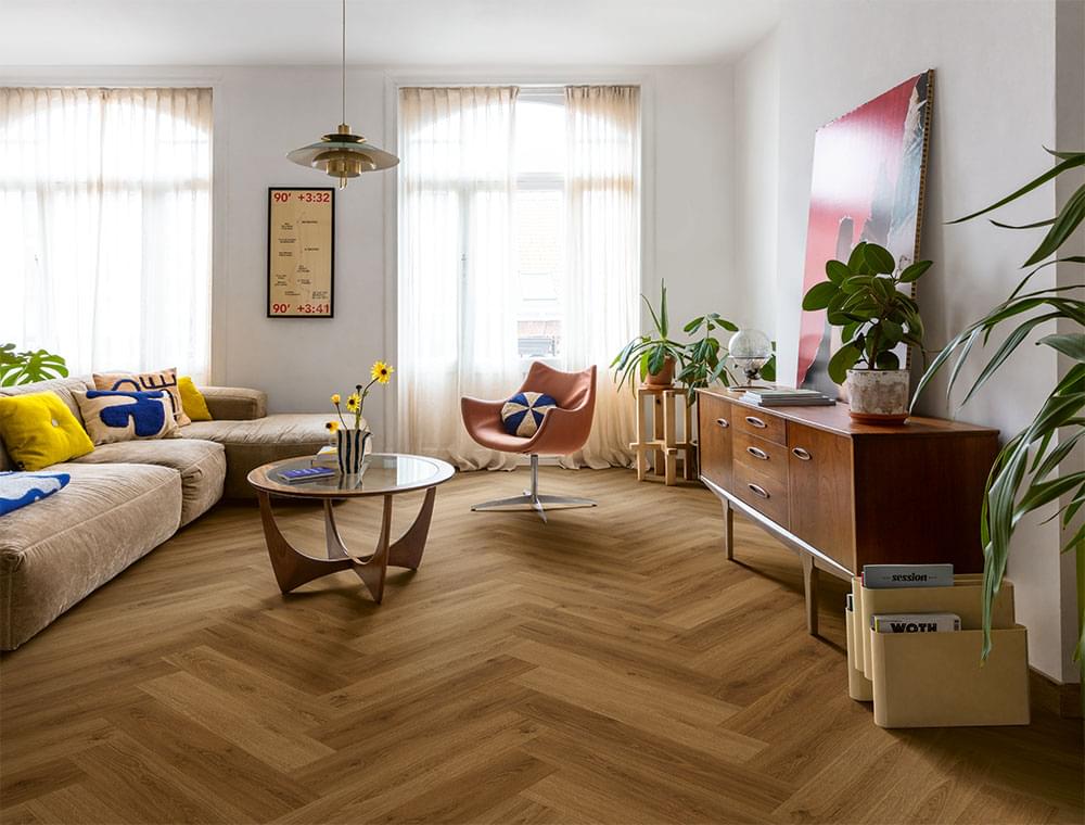 Patterned flooring in a bright family living room